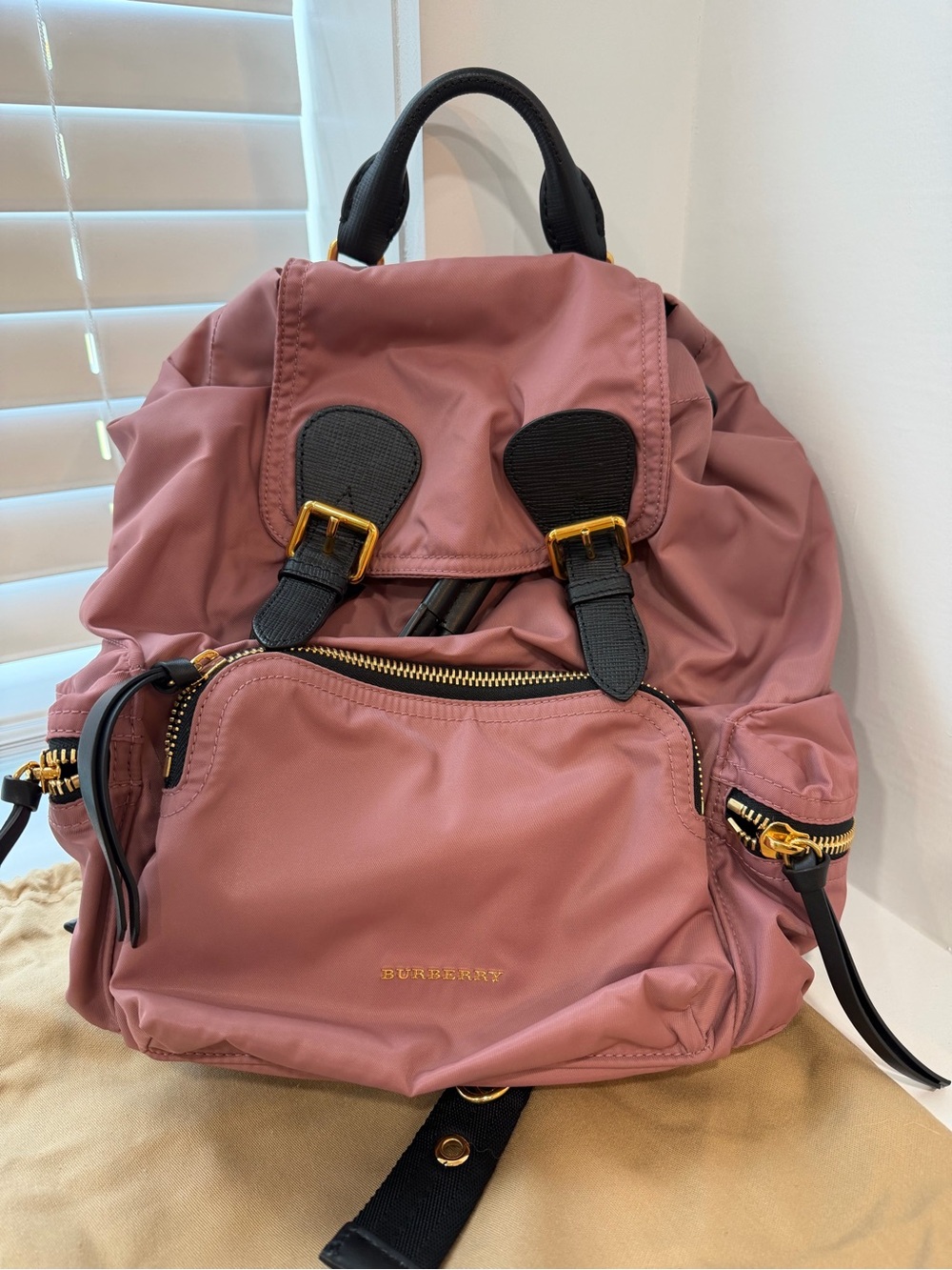 Burberry Dusty Pink Nylon Backpack with Black Leather Accents